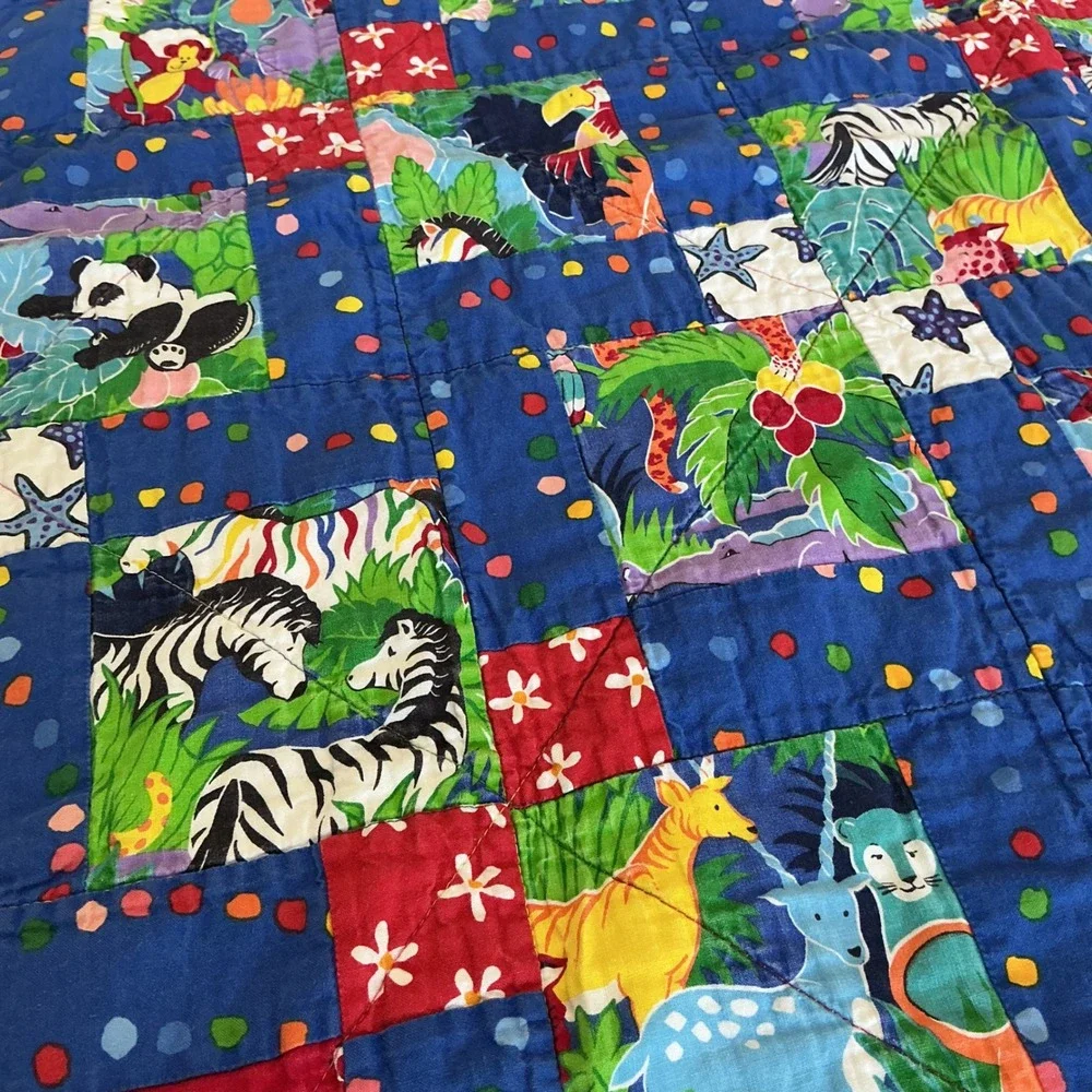 Handmade Jungle Safari Animal Patchwork Baby Quilt Nursery Blue 38x40